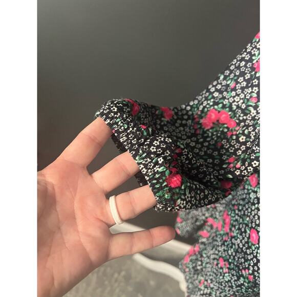 Topshop Woman’s Black Pink Floral V Neck Long Sleeve Ruffle Dress- Size 10 - Picture 11 of 13